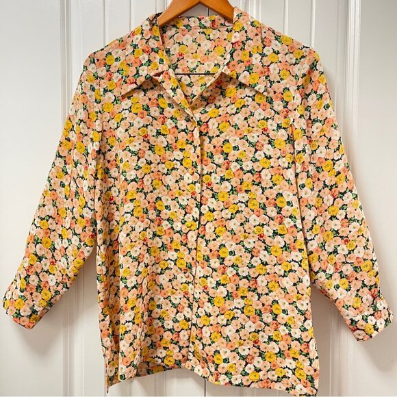 Vintage Floral Long Sleeve Button-Up Blouse Yellow - Picture 2 of 10